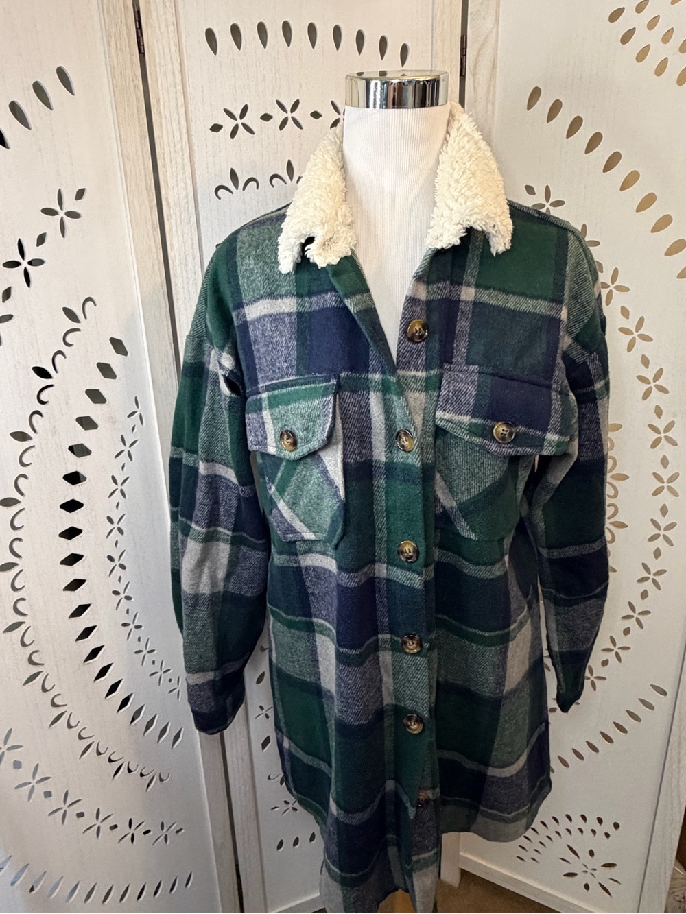 Green Plaid Sherpa Collar Shacket